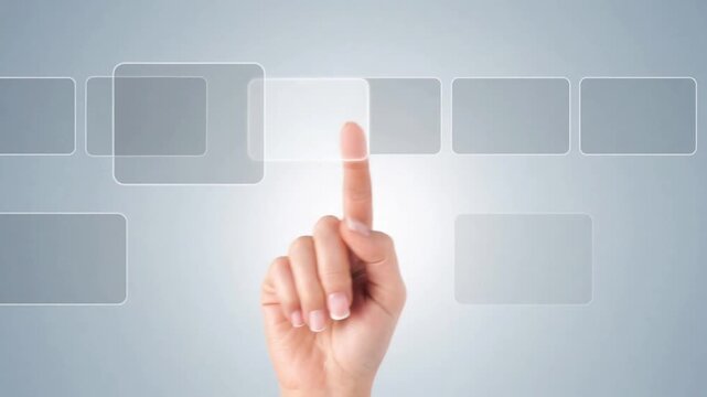 Hand pressing transparent glass buttons on futuristic virtual interface, digital touch screen technology