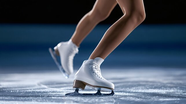 Figure skater's legs and white skates moving gracefully across the ice, creating motion and showcasing the elegance of winter sports and athletic performance