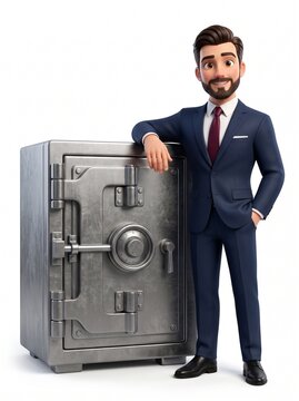 3D Mascot Standing Confidently Beside Big Steel Vault Safe