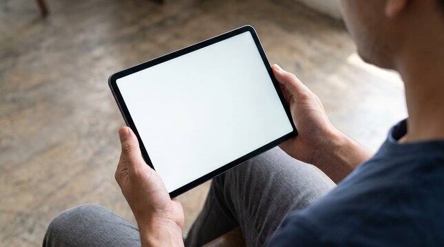 Man holding modern digital tablet computer with blank white screen display sitting in bright spacious room during comfortable casual afternoon indoors