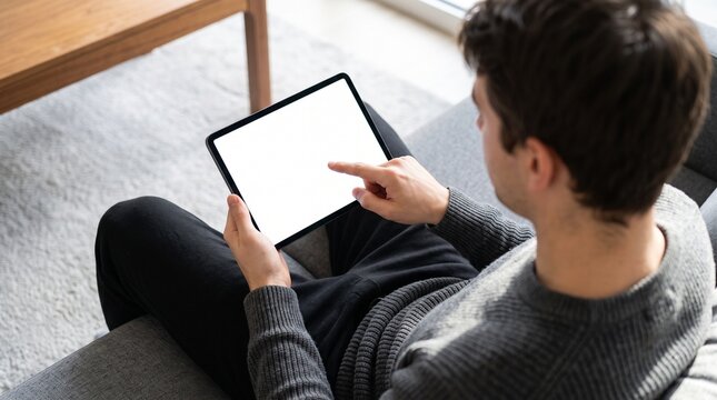 Young adult man sitting on a comfortable living room sofa wearing a grey sweater while browsing content on a digital tablet with blank screen