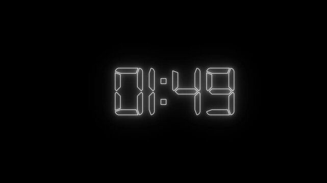 Glowing digital countdown timer overlay, white neon led clock numbers on black background, for editing and motion