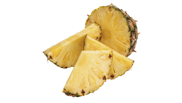 Fresh sliced wedges of juicy ripe pineapple fruit isolated on white background