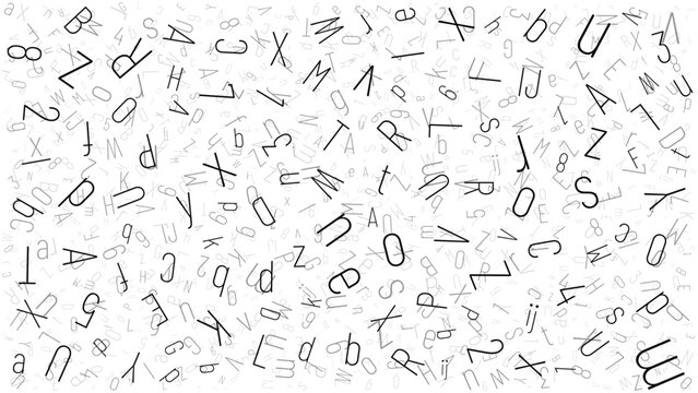 Random scattered alphabet letters background in black and gray