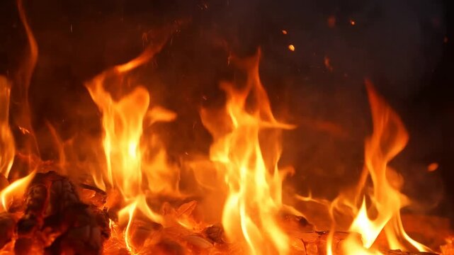 Burning flames flicker across glowing logs and coals in a dark smoky fire setting. Dramatic title, energy-themed presentations, and safety and disaster messaging.