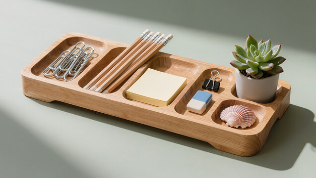 Wooden desk organizer tray holding pencils paper clips sticky notes and small succulent plant on sage green surface, sunlit flat view, conceptual tidy office organization and productivity concept