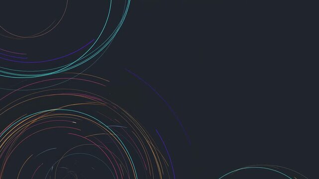 Abstract circular lines drift across a dark digital field. Technology presentation, website header design, and digital advertising.