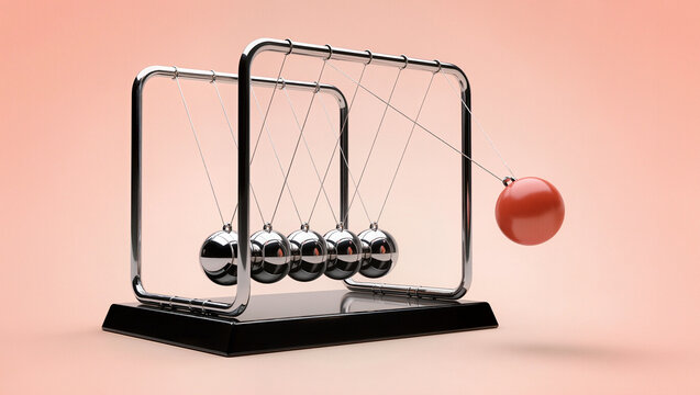 Chrome Newtons cradle with one red steel ball swinging out against soft coral pink gradient background, glossy 3d render of momentum, conceptual cause and effect and chain reaction concept