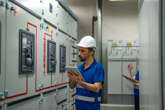 Male engineer checks digital tablet beside electrical switchgear cabinets while female colleague inspects control panels in hospital utility room. Power distribution monitoring, facility maintenance.