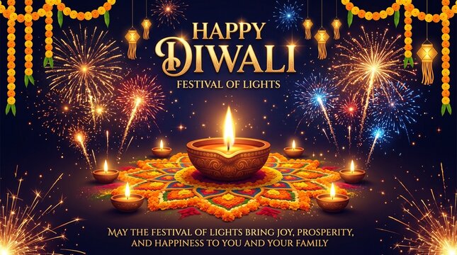 Happy Diwali poster background with colorful rangoli, glowing diyas and bursting fireworks on night sky, Festival of Lights decorative banner.
