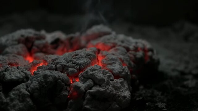 Close-up volcanic rocks covered in gray ash glow red through deep cracks in a dark, smoky environment. Volcanology education, geology documentaries, and earth science presentations.
