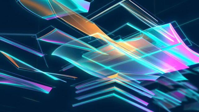 Neon geometric forms shift through a dark digital space. Technology presentation, digital event opener, and futuristic title sequence.