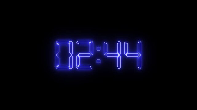 Blue neon digital countdown timer overlay, glowing led clock numbers for motion and editing