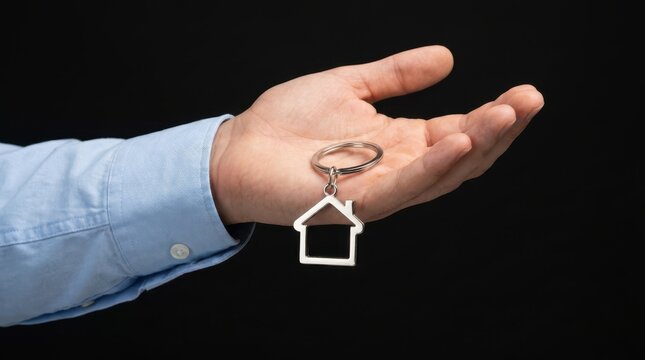 Open palm of hand holding silver house outline keychain ring accessory isolated on black background.