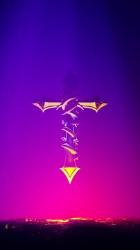 Golden thorn cross rotating in purple and magenta light, vertical