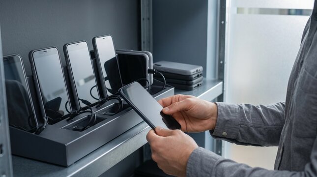 IT Technician Preparing Mobile Phones at a Charging Station for Enterprise Deployment