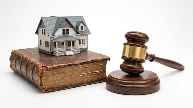 Miniature house model on weathered law book next to wooden judge gavel depicting property legal rights concept.