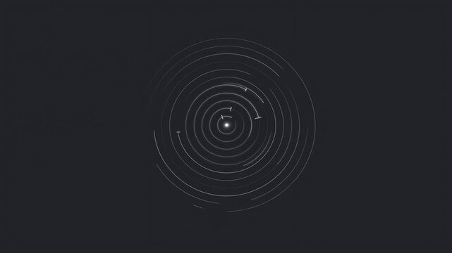 Concentric circular lines shift around a glowing center in a dark abstract digital space. Technology presentations, security interface design, and science and engineering media.