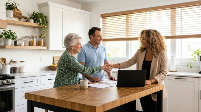 Senior woman shaking hands with female real estate agent in modern white kitchen while son smiles beside them.