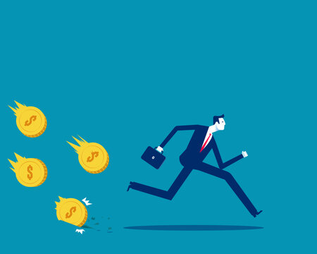 Financial Crisis and Bankruptcy. Businessman Running Away from Falling Money.
