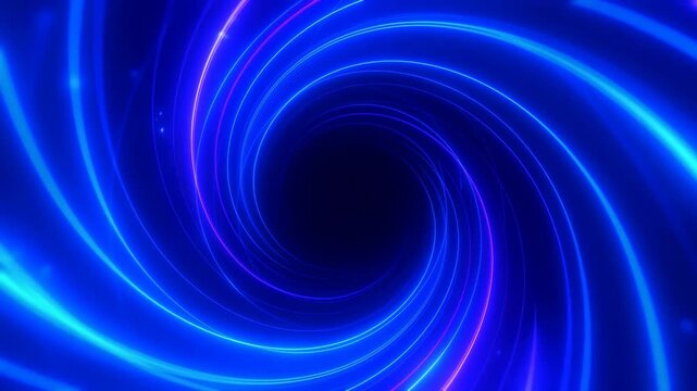 Blue and violet light trails rotate through a glowing digital vortex in an abstract background. Technology presentation, digital title sequence, and science media.