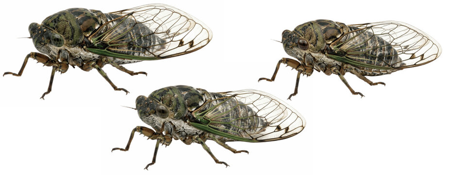 PNG set of three cicada insects with transparent wings and detailed bodies for nature, entomology, summer wildlife design isolated vector clipart

