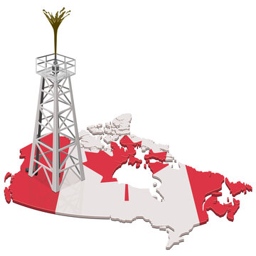 3D illustration symbolizing Canadian oil production, petroleum industry, crude fuel extraction, energy resources, and crude gushing derrick on the national map of Canada (cut out)