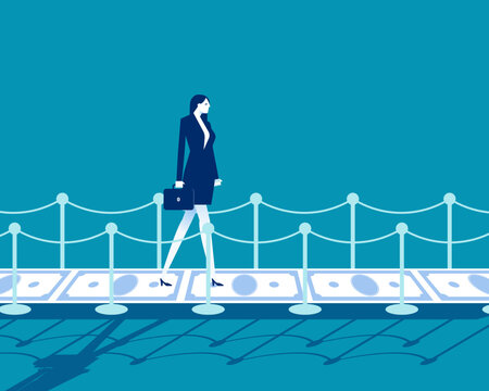 Successful Career Path. Businesswoman Walking on Money Carpet.