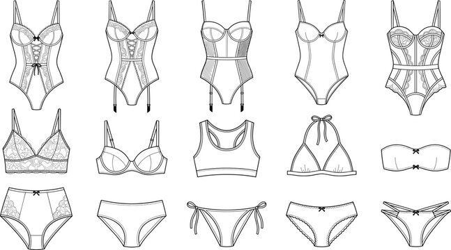 Vintage black white lace lingerie illustration set corset bodysuit bra panties bikini outline fashion feminine drawing vector collection isolated elegant