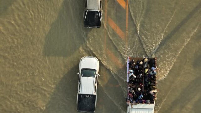 Drone view showcases a vehicle crossing a submerged road, with visible water currents highlighting flood emergencies and vulnerable transportation infrastructure. Thailand. 4k.
