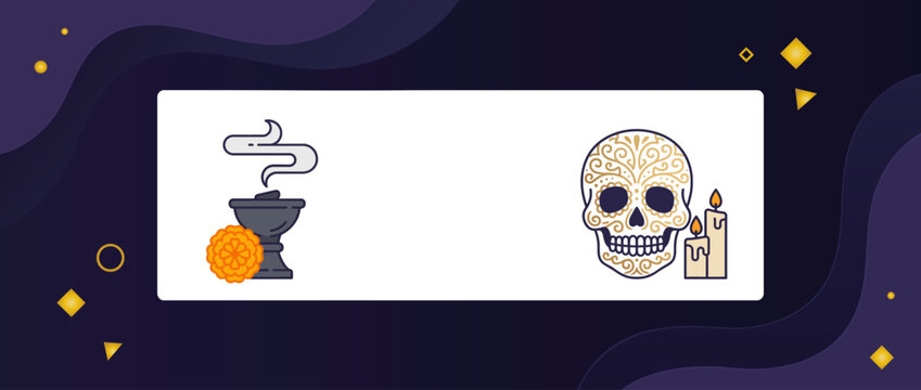 Filigree sugar skull and copal incense burner banner with central copy space for Dia de los Muertos celebration