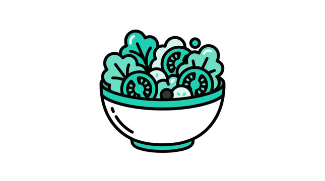 Vibrant vector illustration of a fresh healthy green salad in a white bowl with vegetables. Healthy eating concept icon.