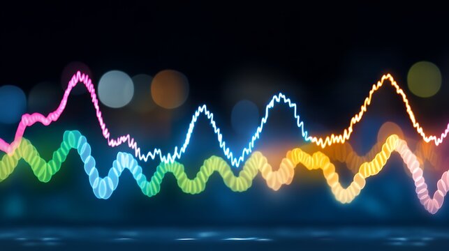 Neon-colored waveforms fluctuate against a blurred city lights backdrop