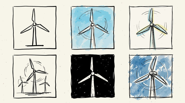 Hand-drawn wind turbine illustrations set, depicting renewable energy, sustainable power, and green electricity concepts.