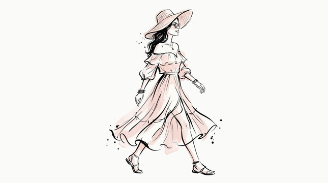 Chic woman in a summer dress and sun hat walking, elegant fashion illustration with watercolor splashes and ink outline.
