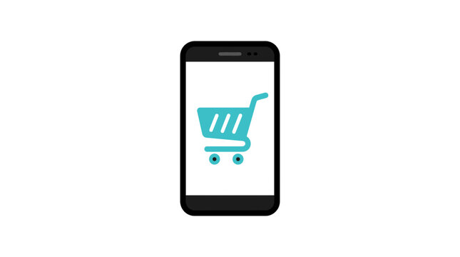 Mobile Shopping Concept: Smartphone with Turquoise Shopping Cart Icon. Online E-commerce Retail App on Digital Device.