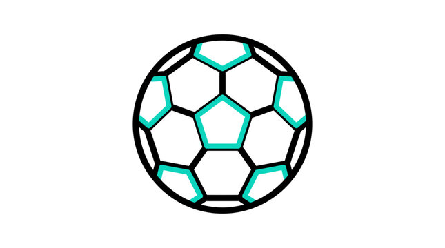 Stylized soccer ball icon illustration with blue and black pentagons on white background, sport game vector graphic element.
