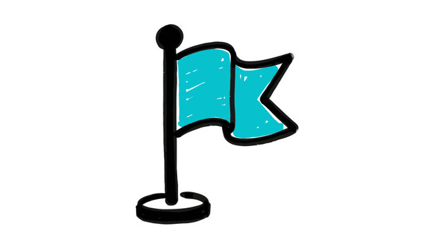 Hand drawn turquoise flag icon in sketch style, simple doodle graphic for goal achievement and marking progress concept.