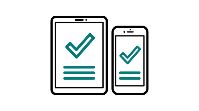 Responsive design concept with green checkmark on tablet and smartphone screens, illustrating multi-device compatibility and digital approval.