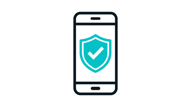 Mobile phone security icon, smartphone with shield and checkmark. Digital data protection, privacy, and safety symbol.