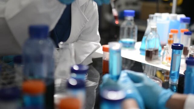 Science, laboratory and woman with pipette, test tube and biotech solution in research. Medical innovation, scientist or lab technician in study for healthcare, medicine and vaccine results feedback.