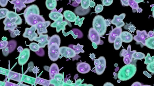 Colorful Microscopic Microorganisms Floating in a Microbial Ecosystem
