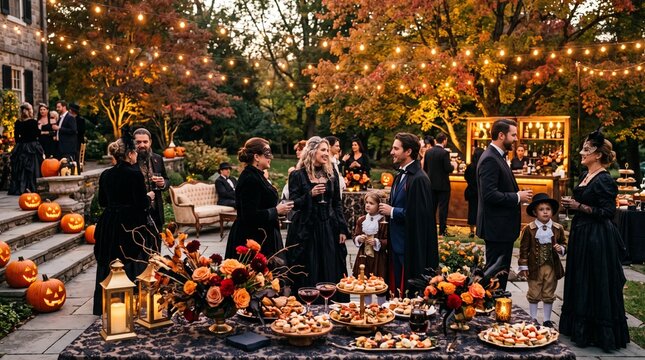 Elegant Halloween outdoor garden party, opulent autumn gala reception with fairy lights, festive pumpkin decor