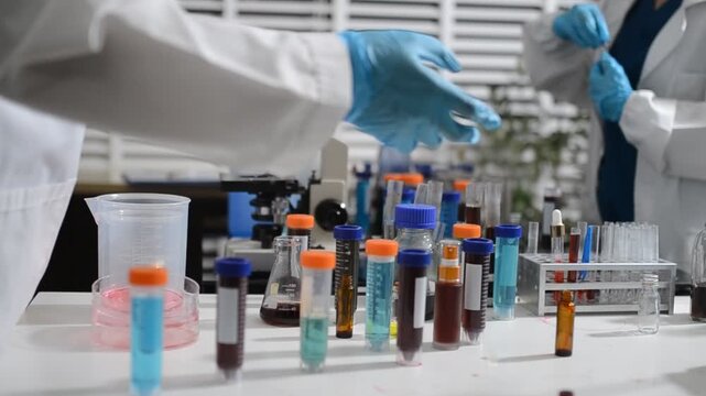 Science, laboratory and woman with pipette, test tube and biotech solution in research. Medical innovation, scientist or lab technician in study for healthcare, medicine and vaccine results feedback.