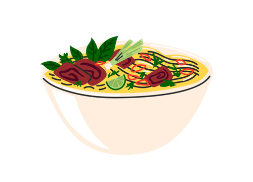 Bowl of noodle soup with beef slices, fresh herbs, lime and chili, Asian pho street food icon for restaurant menu design. Flat vector illustration