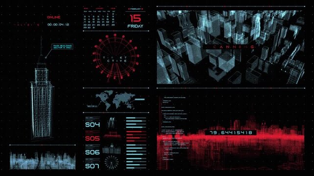 Wireframe smart city scanning on futuristic hud dashboard with 3d buildings and target sectors representing urban monitoring concept