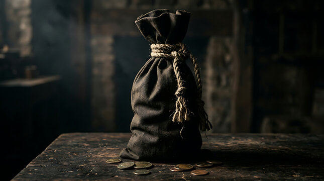 Heavy black drawstring sack resting on an old wooden table with money bag