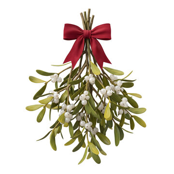 Christmas Mistletoe Bunch with White Berries and Red Ribbon Bow Isolated on Transparent Background PNG