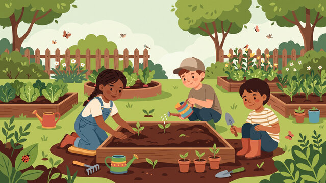 Diverse kids planting in garden for universal children's day
