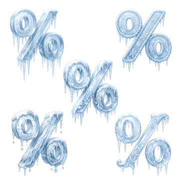Frozen Ice Percent Signs (%)Set with Icicles and Snow Isolated on Transparent Background PNG